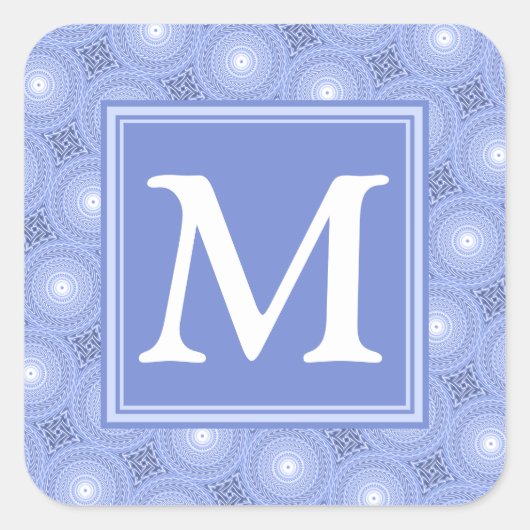 Monogram blauw cirkelpatroon vierkante sticker (Voorkant)