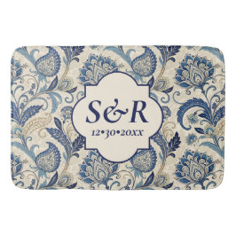 Monogram Blauw & Crème Damast Bloem Bruiloft Badmat