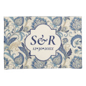 Monogram Blauw & Crème Damast Bloem Huwelijk Kussensloop (Voorkant-Rechts)