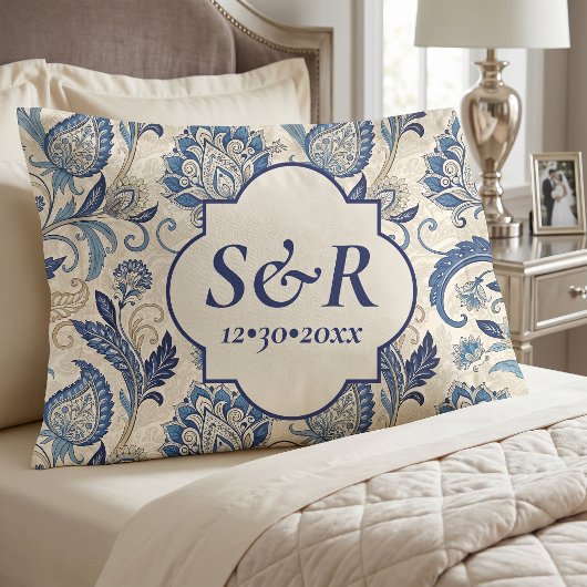 Monogram Blauw & Crème Damast Bloem Huwelijk Kussensloop