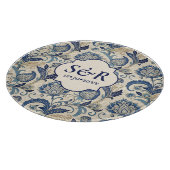 Monogram Blauw & Crème Damast Bloemen Bruiloft Snijplank (Hoek)