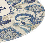 Monogram Blauw & Crème Damast Bloemen Bruiloft Snijplank (Hoek)