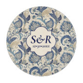 Monogram Blauw & Crème Damast Bloemen Bruiloft Snijplank (Voorkant)