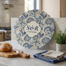 Monogram Blauw & Crème Damast Bloemen Bruiloft