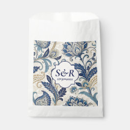 Monogram Blauw & Crème Damast Floral Wedding Bedankzakje