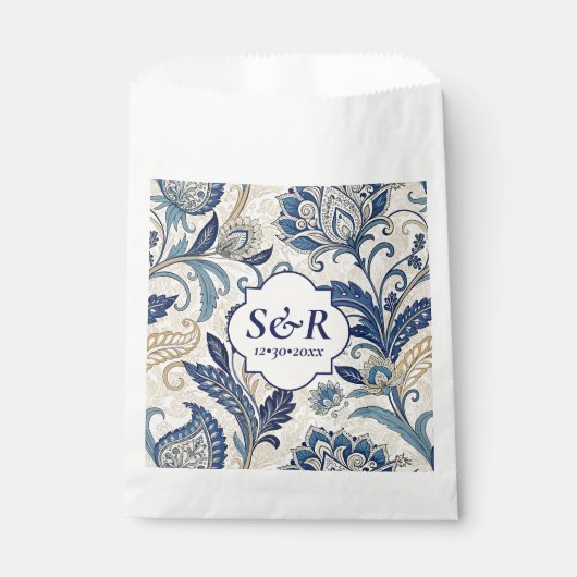 Monogram Blauw & Crème Damast Floral Wedding Bedankzakje (Voorkant)
