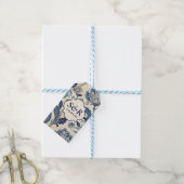Monogram Blauw & Crème Damast Floral Wedding Cadeaulabel (Met Touw)