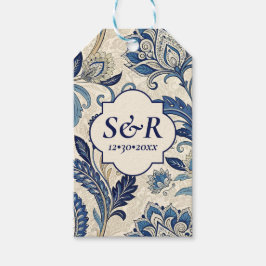 Monogram Blauw & Crème Damast Floral Wedding Cadeaulabel