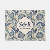 Monogram Blauw & Crème Damast Floral Wedding Deurmat (Voorkant)