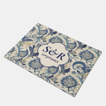 Monogram Blauw & Crème Damast Floral Wedding
