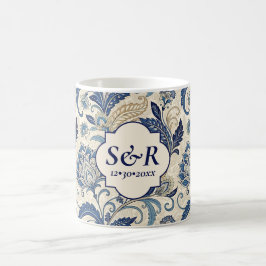 Monogram Blauw & Crème Damast Floral Wedding Koffiemok