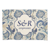 Monogram Blauw & Crème Damast Floral Wedding Kussensloop (Voorkant-Links)