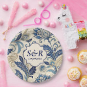 Monogram Blauw & Crème Damast Floral Wedding Papieren Bordje (Feest)