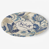 Monogram Blauw & Crème Damast Floral Wedding Papieren Bordje (Gekanteld)