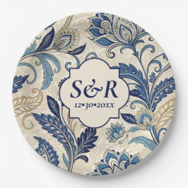Monogram Blauw & Crème Damast Floral Wedding Papieren Bordje