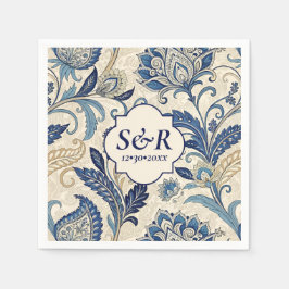 Monogram Blauw & Crème Damast Floral Wedding Servet