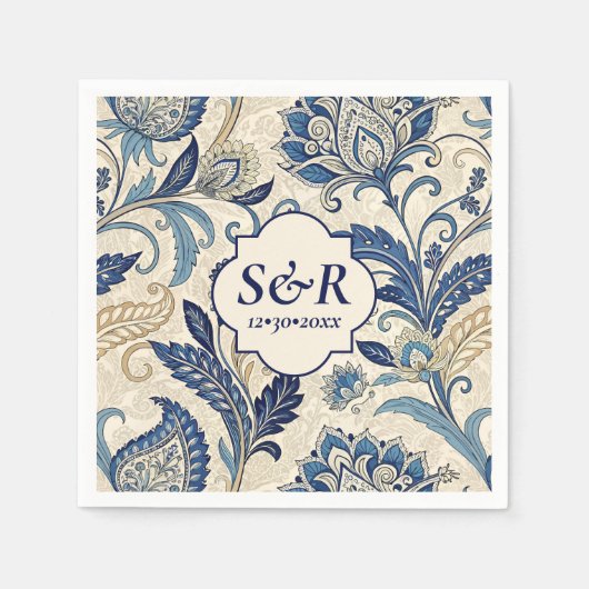 Monogram Blauw & Crème Damast Floral Wedding Servet (Voorkant)