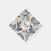 Monogram Blauw & Crème Damast Floral Wedding Servet (Hoek)