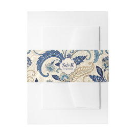 Monogram Blauw & Crème Damast Floral Wedding Uitnodigingen Wikkel