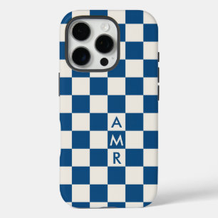Monogram blauw crème geruit patroon iPhone 16 pro hoesje