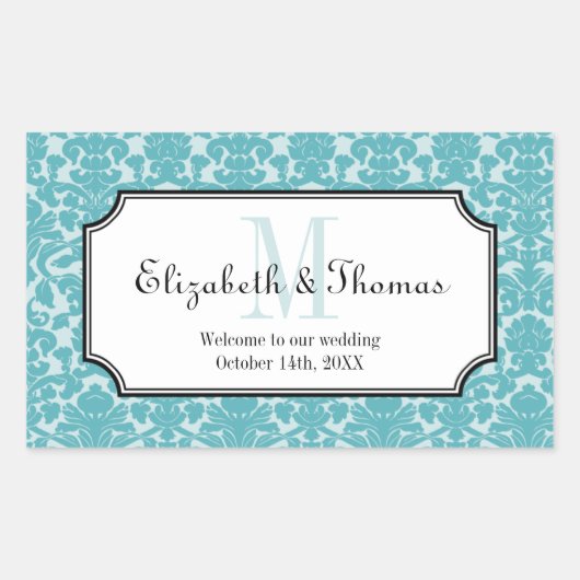 Monogram blauw damasje lijst uit cadeau tas rechthoekige sticker (Voorkant)