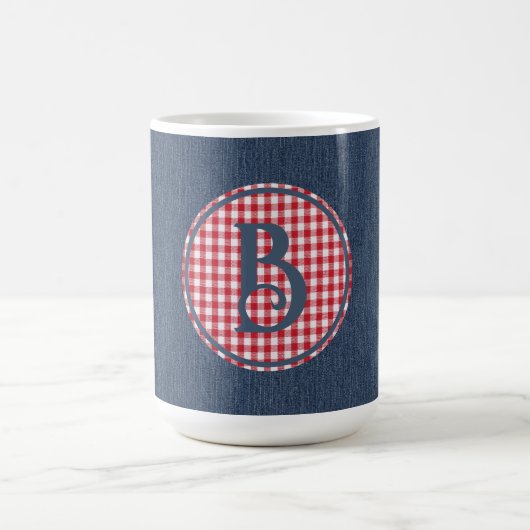 Monogram, Blauw Denim Rood Wit Check 15oz Koffiemok (Center)