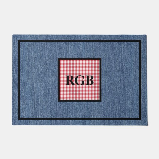 Monogram Blauw Denim Rood Wit Gingham Patroon Deurmat (Voorkant)