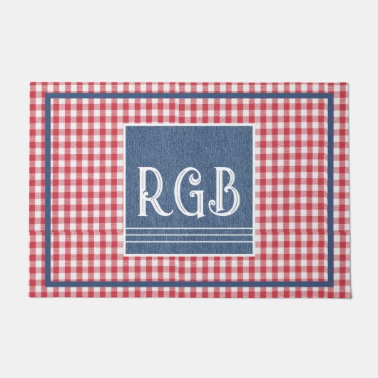 Monogram Blauw Denim Rood Wit Rutpatroon Deurmat (Voorkant)