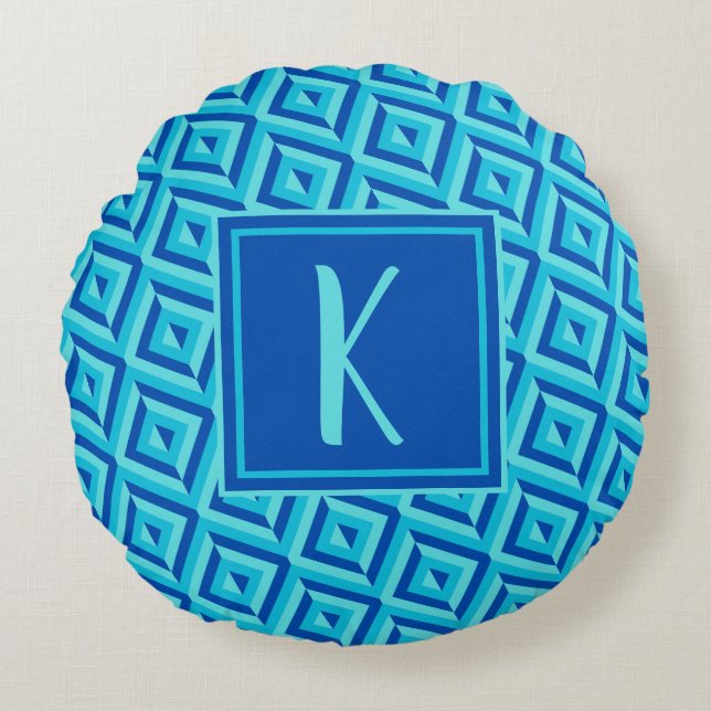 Monogram Blauw Drietonig Diamantpatroon Rond Kussen (Voorkant)