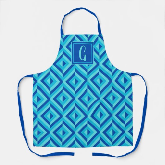 Monogram Blauw Drietonig Diamantpatroon Schort (Voorkant)