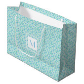 Monogram blauw en Aqua Blue Squares Large Gift Bag Large Cadeautasje (Voorkant Gekanteld)