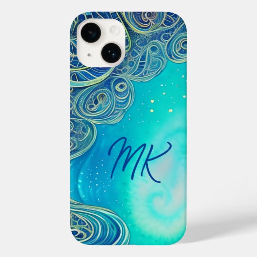 Monogram Blauw en Blauwgroen Abstracte Kunst Case-Mate iPhone Case (Achterkant)