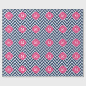 Monogram blauw en Fuschia Zigzags Pattern Cadeaupapier (Vlak)
