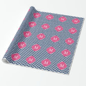 Monogram blauw en Fuschia Zigzags Pattern Cadeaupapier (Uitgerold)