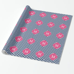 Monogram blauw en Fuschia Zigzags Pattern Cadeaupapier