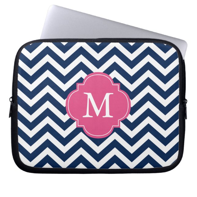 Monogram blauw en Fuschia Zigzags Pattern Laptop Sleeve (Voorkant)