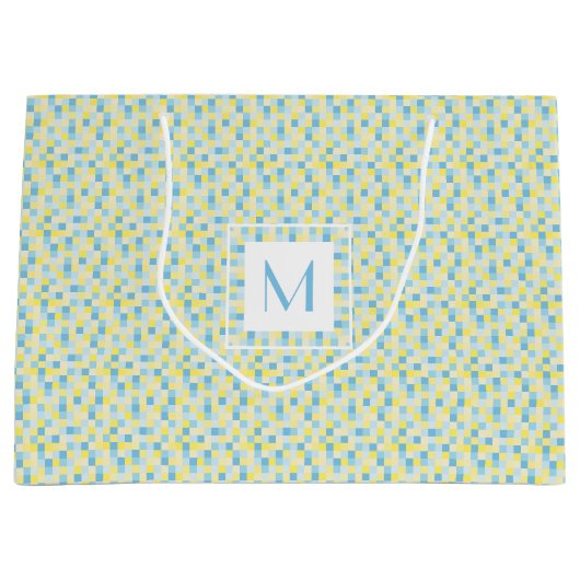 Monogram Blauw en Gele Vierkantjes Grote Gift Bag Large Cadeautasje (Voorkant)