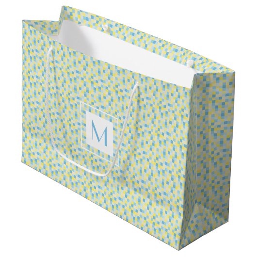 Monogram Blauw en Gele Vierkantjes Grote Gift Bag Large Cadeautasje (Voorkant Gekanteld)