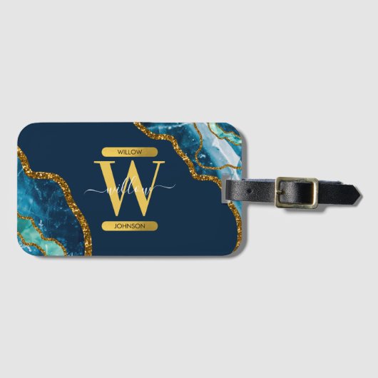 Monogram blauw en goudgrijs Geode Glitter Bagagelabel (Voorkant (horizontaal))
