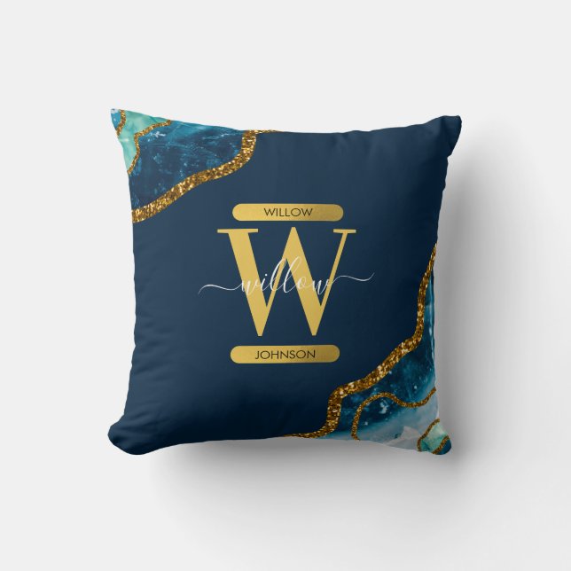Monogram blauw en goudgrijs Geode Glitter Kussen (Voorkant)