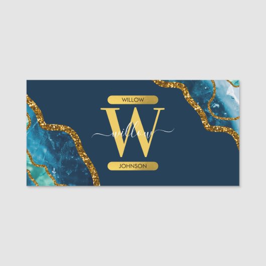 Monogram blauw en goudgrijs Geode Glitter Naamplaatje (Voorkant)