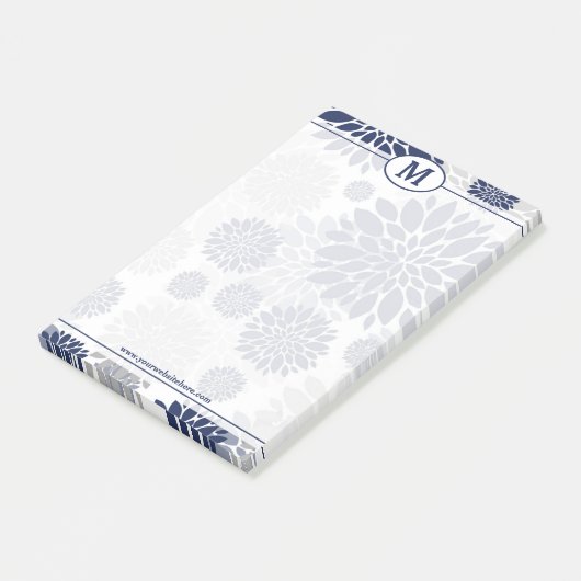Monogram blauw en grijs bloemenpatroon post-it® notes (Schuin)