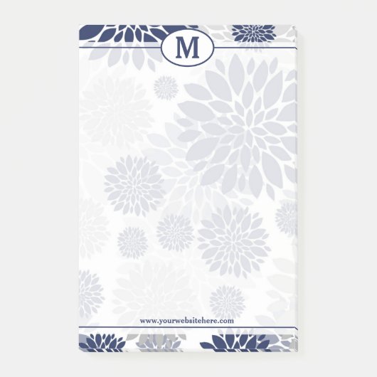Monogram blauw en grijs bloemenpatroon post-it® notes (Voorkant)