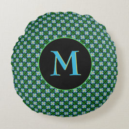 Monogram blauw en groen bloemen rond kussen