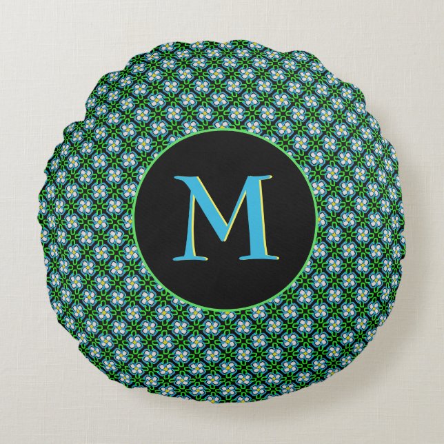 Monogram  blauw en groen bloemen rond kussen (Voorkant)