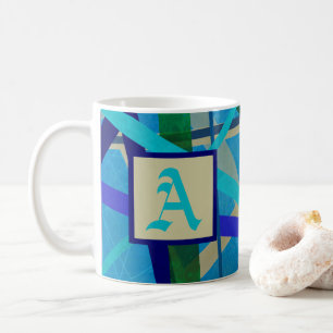 Monogram blauw en groen geometrisch patroon koffiemok