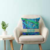 Monogram blauw en groen geometrisch patroon kussen (Stoel)