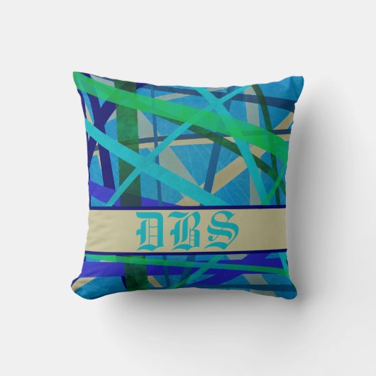 Monogram blauw en groen geometrisch patroon kussen (Voorkant)