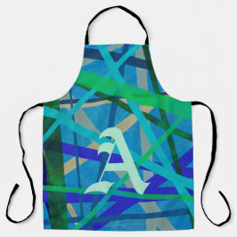 Monogram blauw en groen geometrisch patroon schort