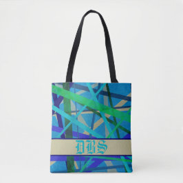 Monogram blauw en groen geometrisch patroon tote bag